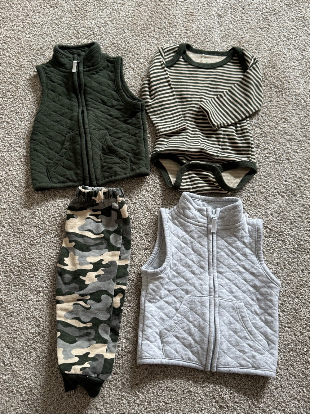 Carter's Green & Gray Quilted Vests with Striped Bodysuit and Camo Pants Set